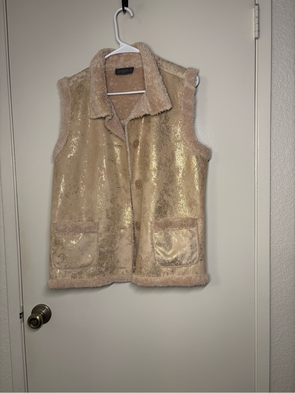 Casual Identity Women Faux Vest Metallic Gold Button Front Cozy Boho